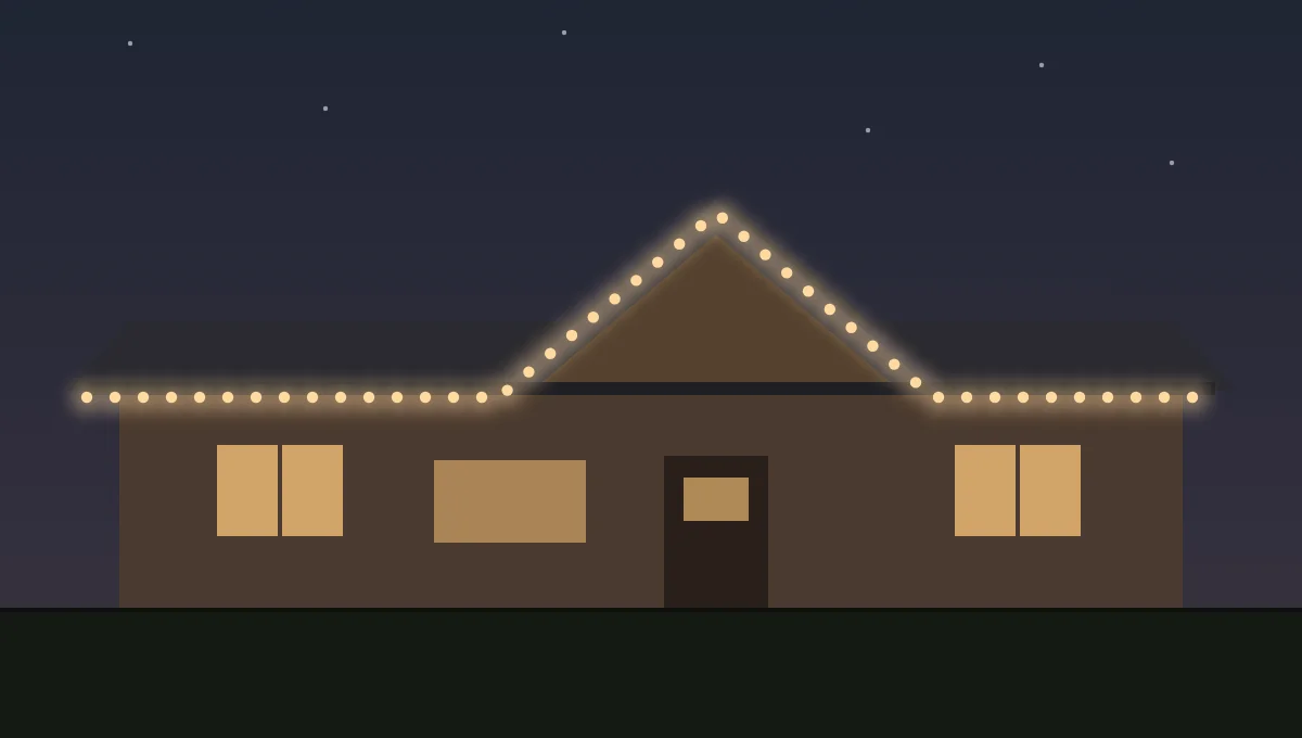 Illustration of a house with a straight line of warm white permanent lights along the roofline and gable