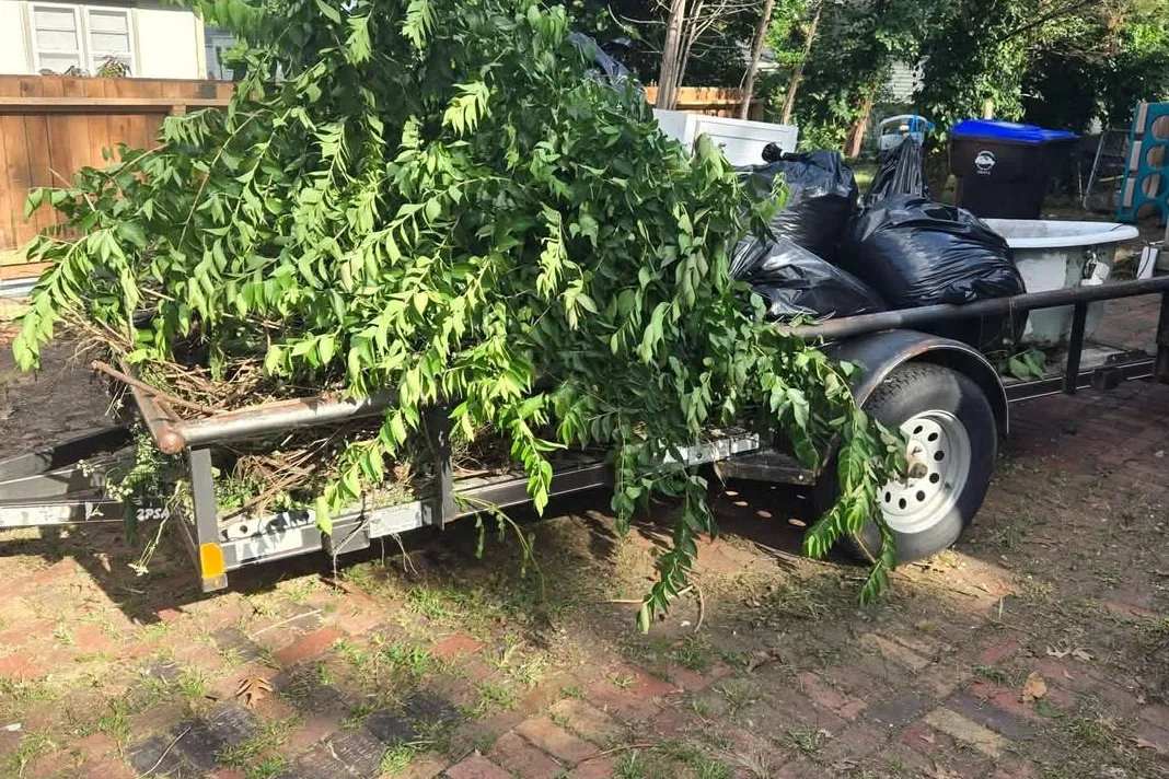 Utility trailer loaded with cut brush and limbs